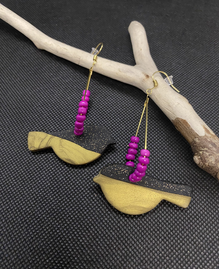Boucles d’oreilles oiseau noir et jaune modèle 01